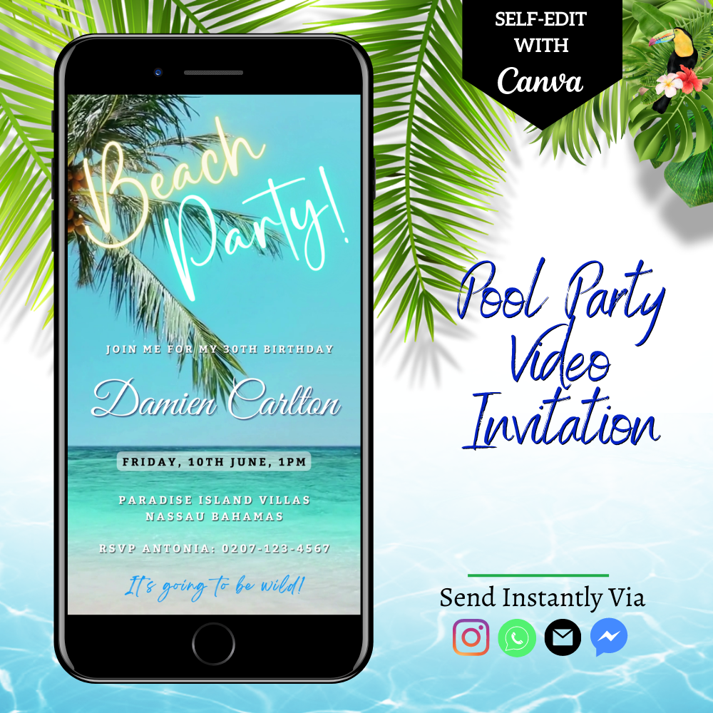 Palm Beach Shore Party Video Invitation displayed on a smartphone screen, featuring customizable beach party visuals for digital invitations, editable via Canva for personal events.