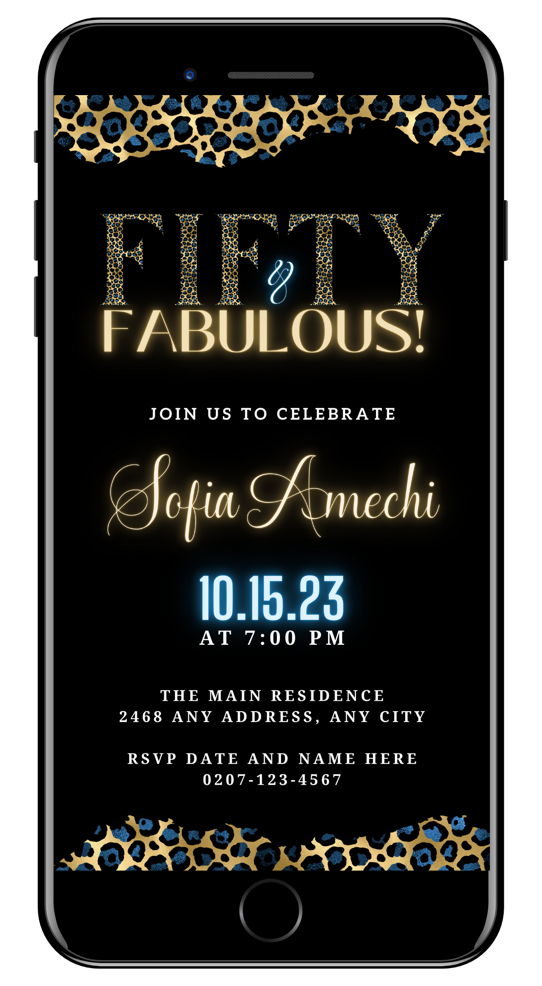 Black and gold digital invitation for a Fifty & Fabulous party, featuring customizable text and leopard print design. Editable via Canva for smartphone sharing.