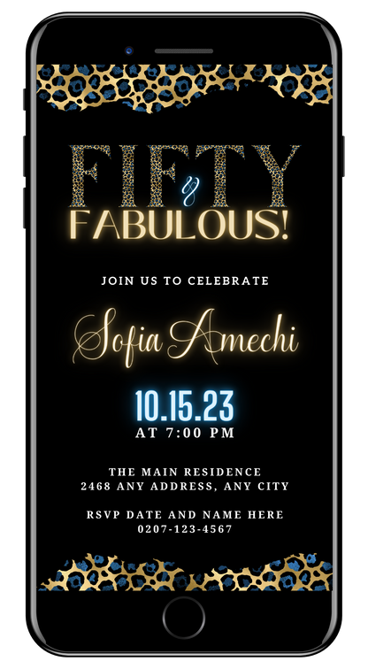 Black and gold digital invitation for a Fifty & Fabulous party, featuring customizable text and leopard print design. Editable via Canva for smartphone sharing.