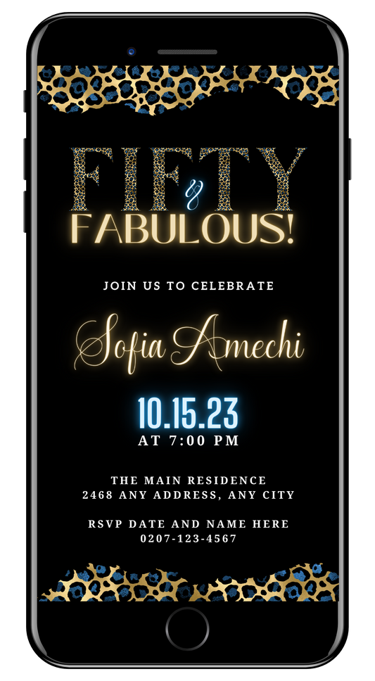 Gold Neon Blue Leopard | Fifty & Fabulous Party Evite