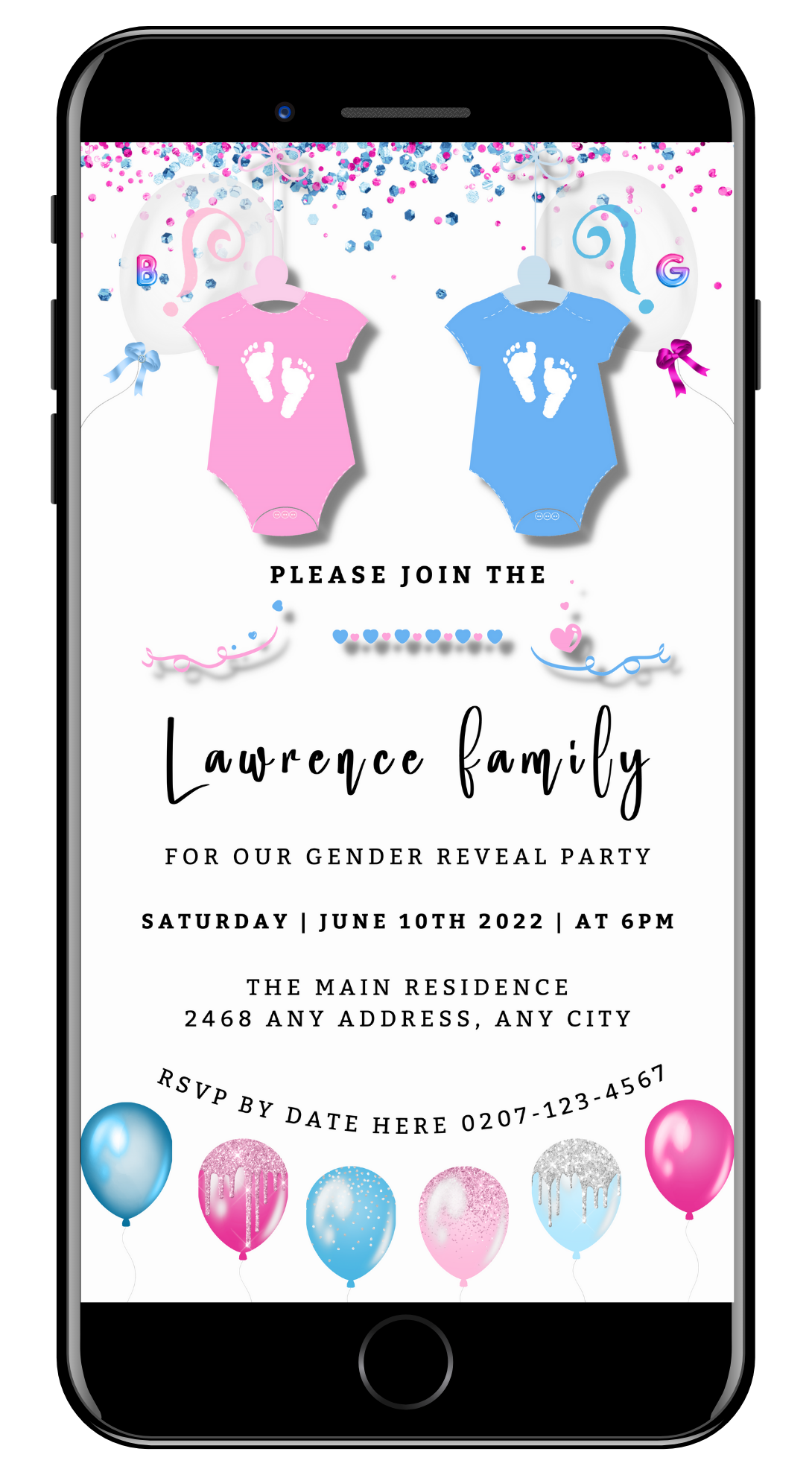 Customisable Digital Baby Grow Blue Pink Confetti Gender Reveal Evite displayed on a smartphone with baby shower-themed graphics, including bodysuits and balloons.