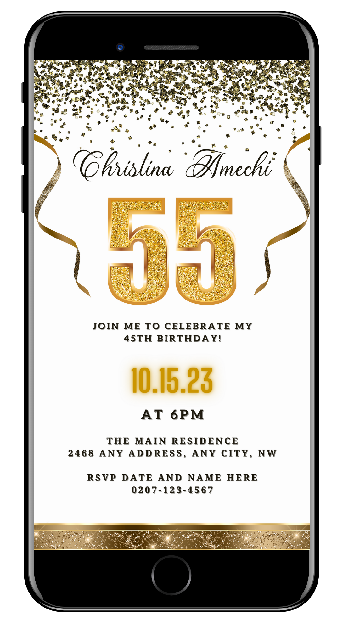 Customizable White Gold Confetti 55th Birthday Evite displayed on a smartphone screen, featuring gold text and ribbons for personalizing event details.