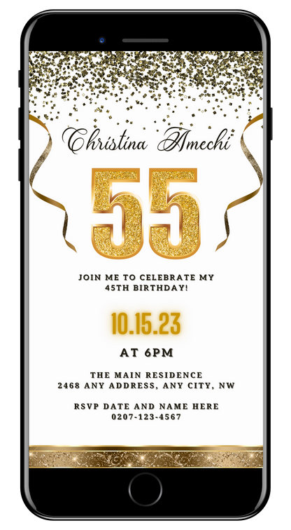 Customizable White Gold Confetti 55th Birthday Evite displayed on a smartphone screen, featuring gold text and ribbons for personalizing event details.