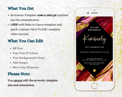 Maroon Ankara Themed Editable Birthday Evite displayed on a smartphone screen, showcasing customizable text using the Canva editor for personal use.