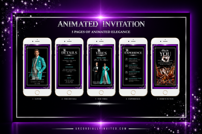 Silver Black Purple Neon Men’s Animated Birthday Invitation Suite