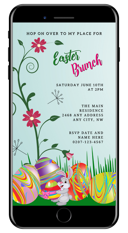 Cute Bunny & Colourful Easter Eggs | Easter Brunch Party Evite displayed on a smartphone screen, featuring a bunny, floral designs, and editable text.
