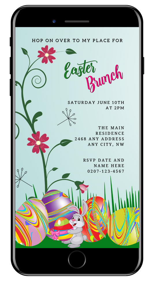 Cute Bunny & Colourful Easter Eggs | Easter Brunch Party Evite displayed on a smartphone screen, featuring a bunny, floral designs, and editable text.