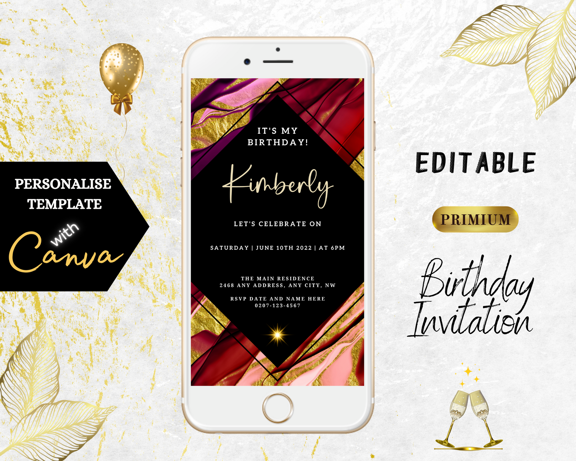 Maroon Ankara Themed Editable Birthday Evite displayed on a smartphone with gold and red design, customizable via Canva for digital sharing.