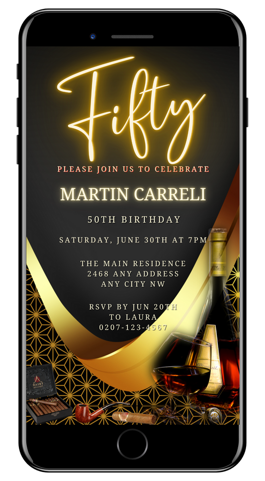 Black Neon Gold Cigar | Men's 50th Birthday Evite displayed on a smartphone screen with a customizable invitation template and a bottle of wine in the background.