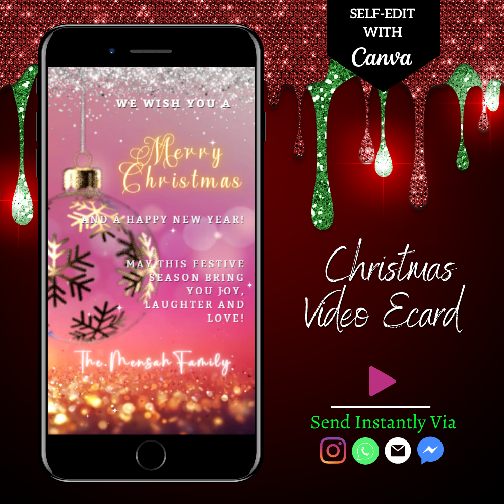 Smartphone displaying an editable fuchsia gold ball glitter Christmas video ecard template for customization via Canva.