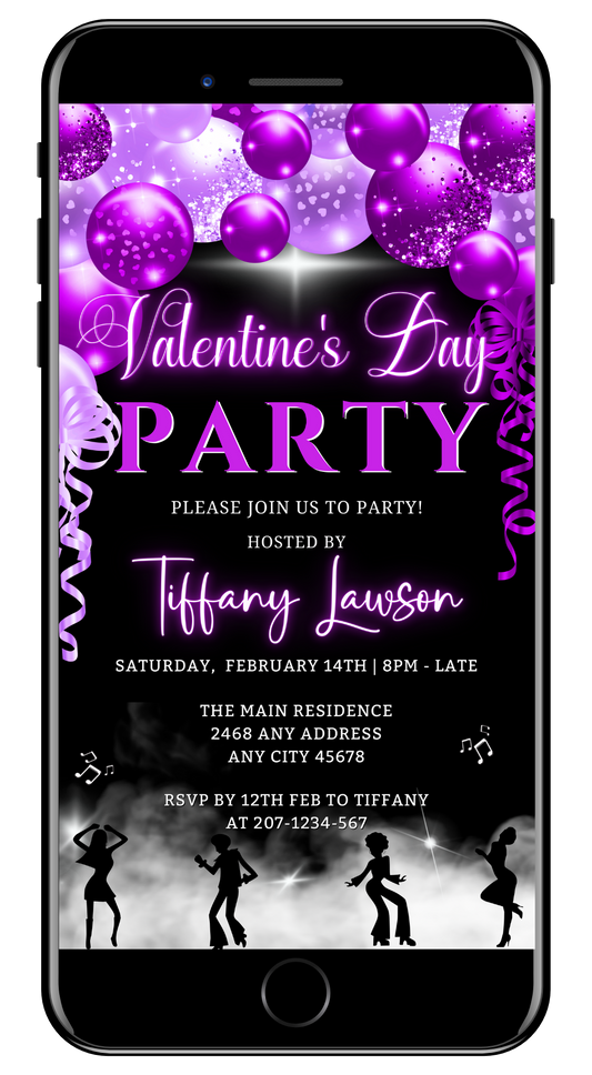 Smoking Dancers Neon Purple Valentines Party Evite with dancing silhouettes, editable via Canva for smartphone.