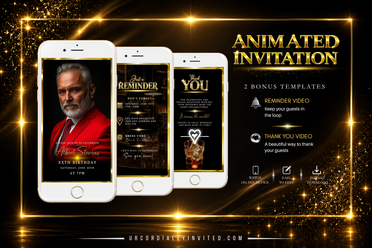 Men's Gold Sparkle Black Animated Birthday Invitation Suite With Photo
