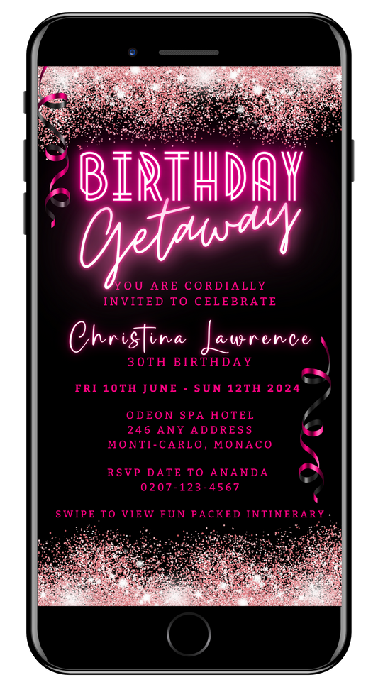 Neon Pink Glitter Confetti Birthday Getaway Party Evite showcasing customizable text for digital invitations via Canva. Download and personalize for easy electronic sharing.