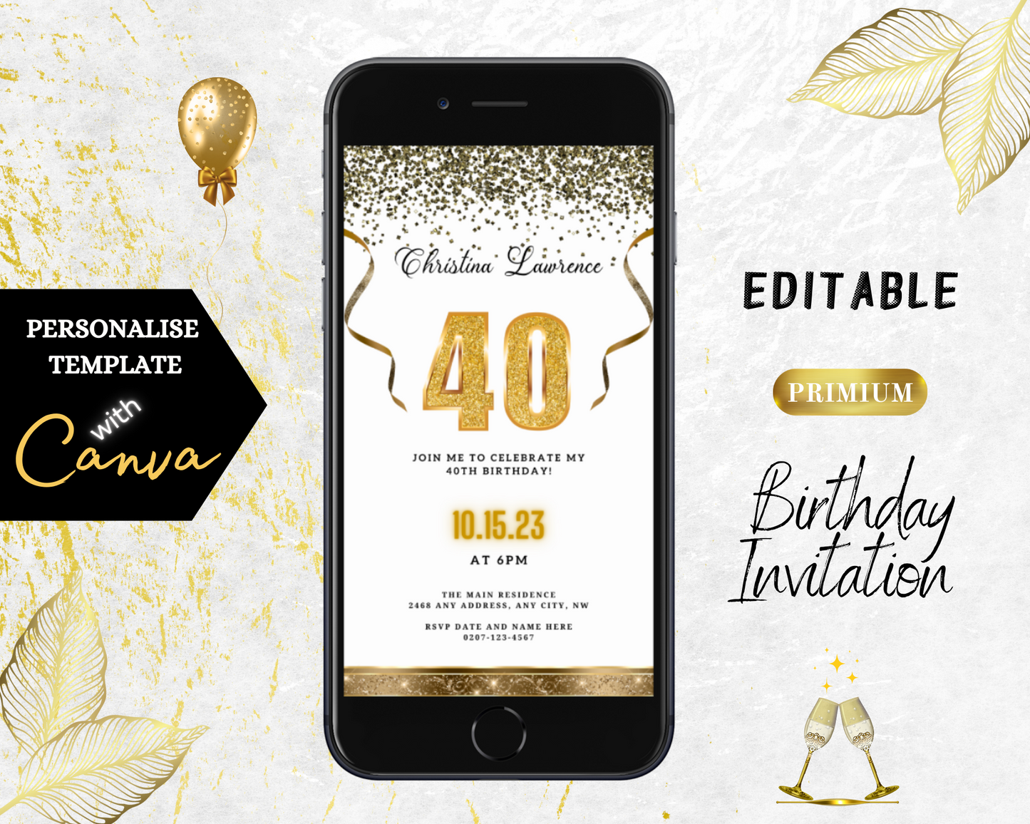 Customizable White Gold Confetti 40th Birthday Evite displayed on a smartphone, featuring gold text and ribbons, perfect for digital invitations via Canva.