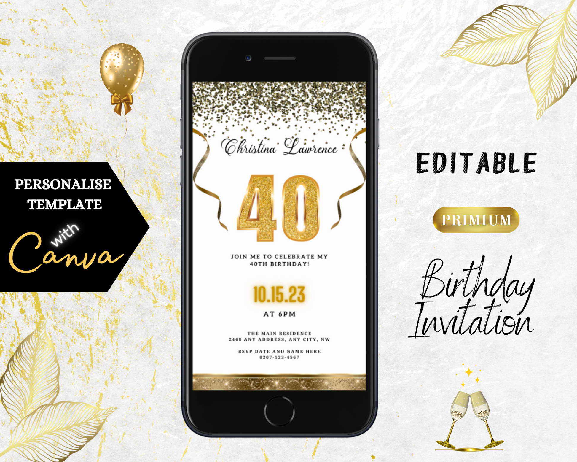 Customizable White Gold Confetti 40th Birthday Evite displayed on a smartphone, featuring gold text and ribbons, perfect for digital invitations via Canva.