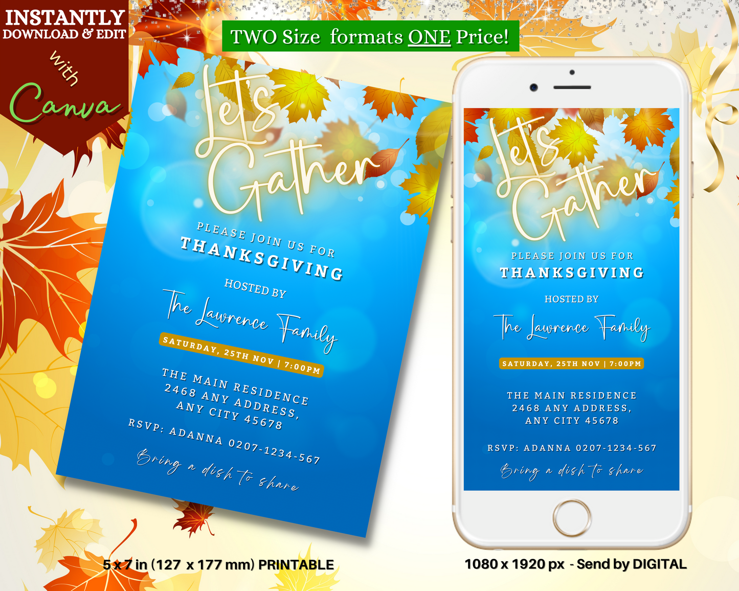 Blue Golden Leaves Bokeh | Let's Gather Thanksgiving Evite displayed on a mobile phone with a customizable digital invitation template in the Canva design app.