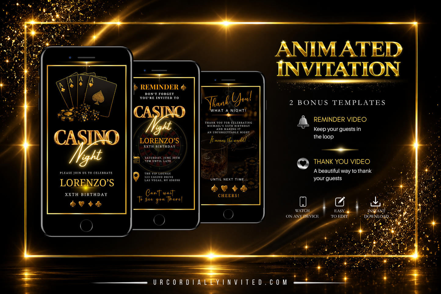 Casino Night Gold & Black Animated Invitation Suite