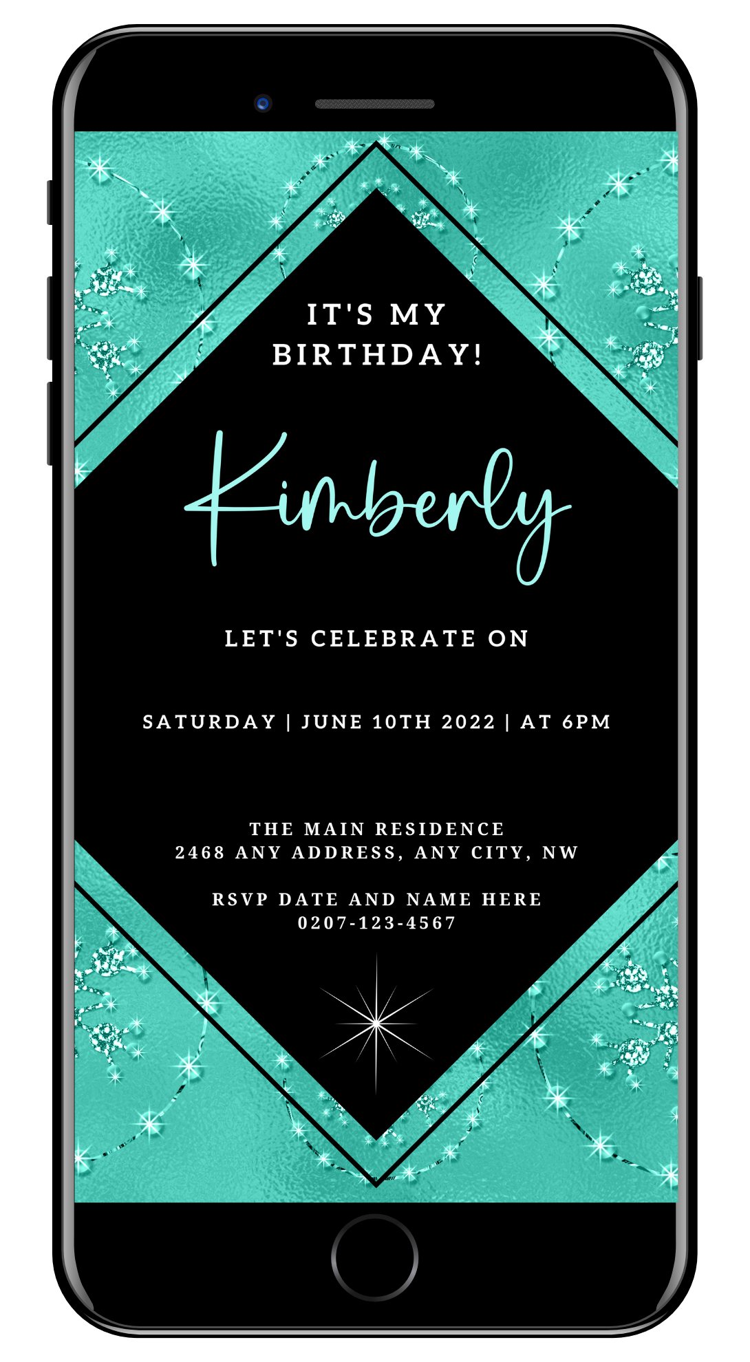 Editable Teal Black Diamond Crystal Birthday Evite, showcasing customizable text and design elements for a digital invitation, ideal for smartphone use and sharing via messaging apps.