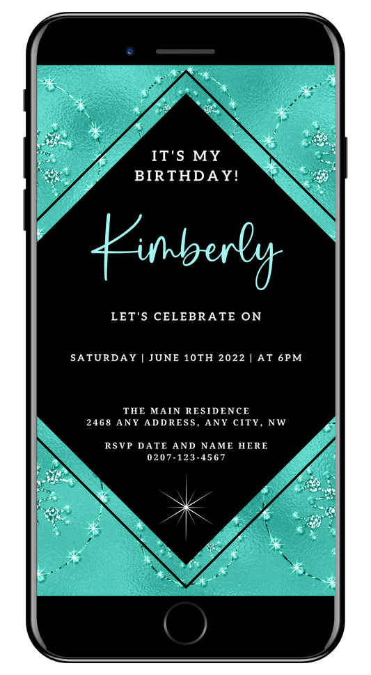 Editable Teal Black Diamond Crystal Birthday Evite, showcasing customizable text and design elements for a digital invitation, ideal for smartphone use and sharing via messaging apps.