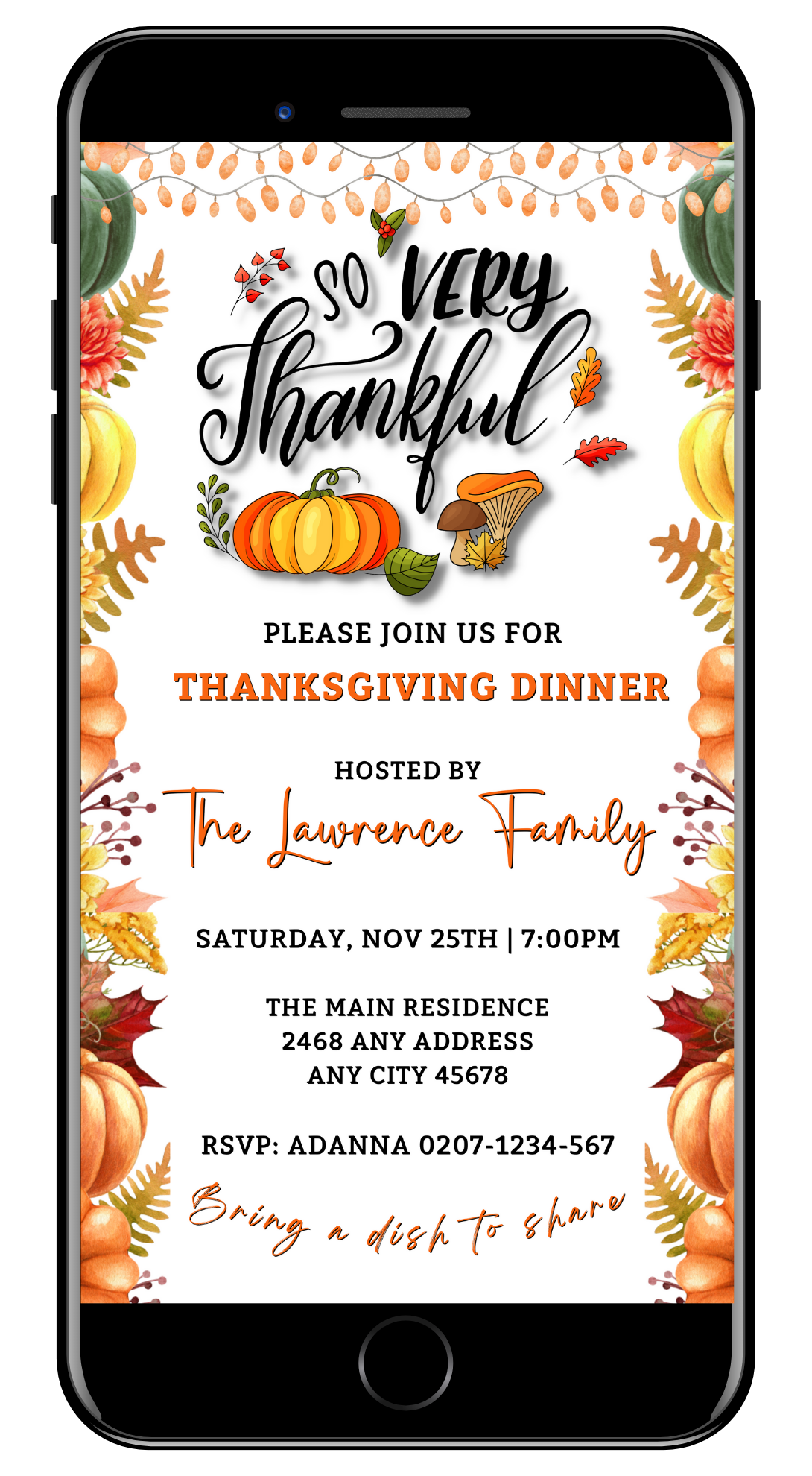Cell phone displaying Colourful Fall Leaves Pumpkins | Thanksgiving Evite, showcasing customizable digital invitation templates for Thanksgiving via Canva.