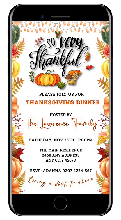 Cell phone displaying Colourful Fall Leaves Pumpkins | Thanksgiving Evite, showcasing customizable digital invitation templates for Thanksgiving via Canva.
