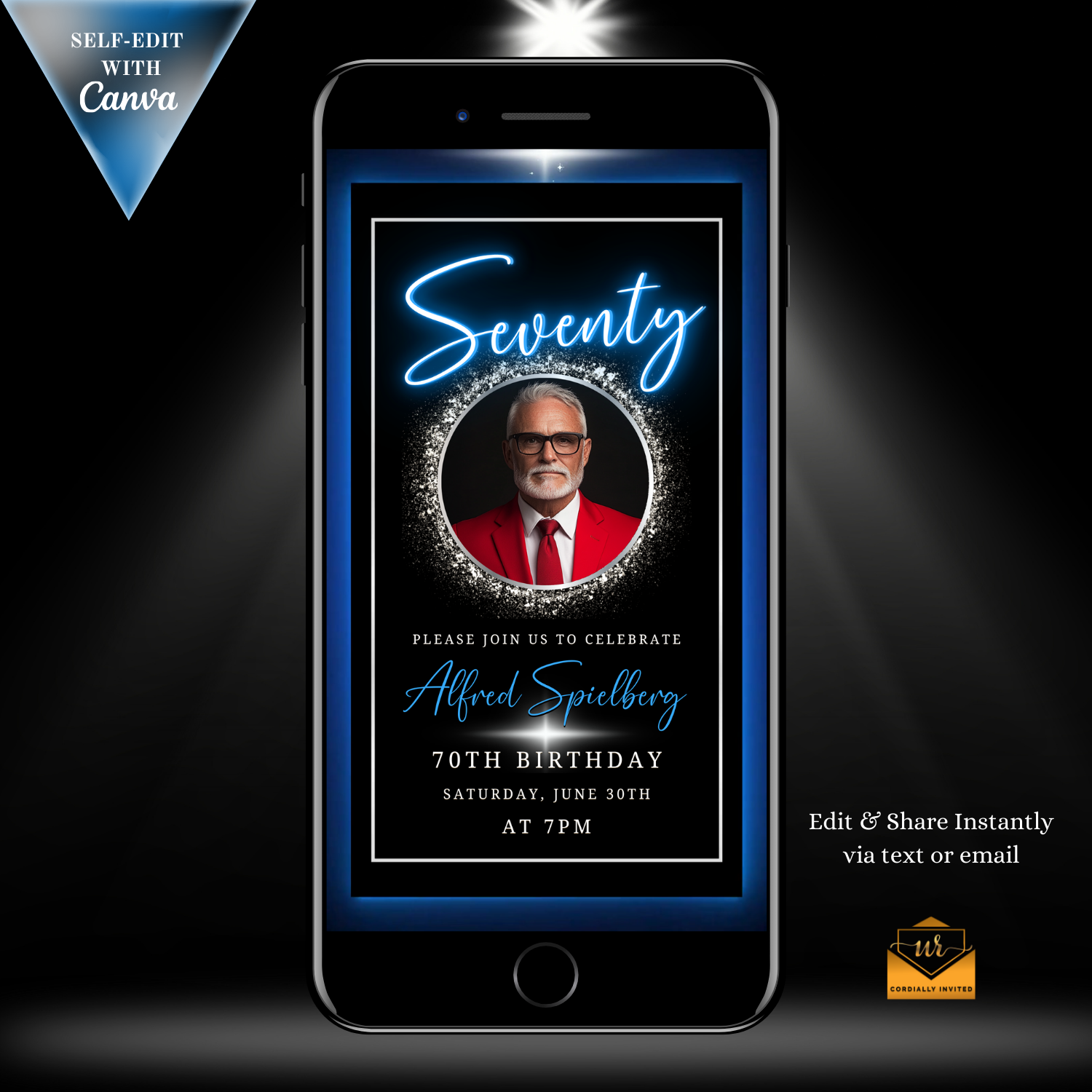 Smartphone displaying the Blue & Silver 70th Birthday Video Invitation with an oval photo frame, featuring a man in a red suit, for URCordiallyInvited's customizable digital templates.