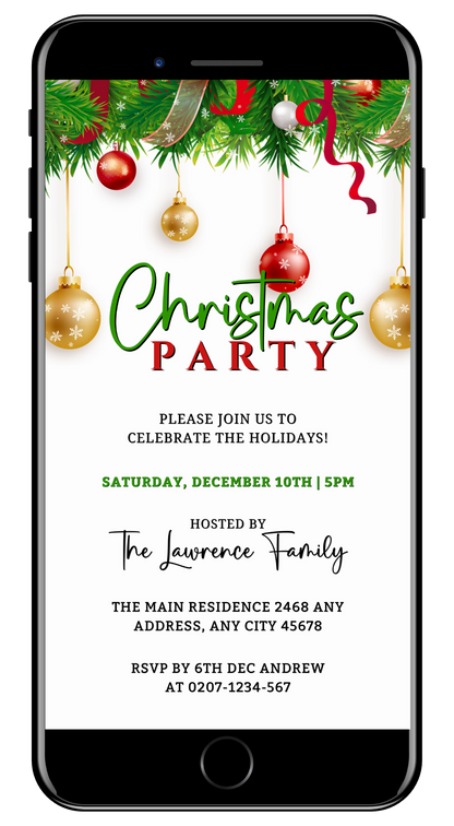 Editable Digital Christmas Party Invitation with white, red, gold, and green ornaments displayed on a smartphone screen, customizable via Canva for easy personalization and electronic sharing.