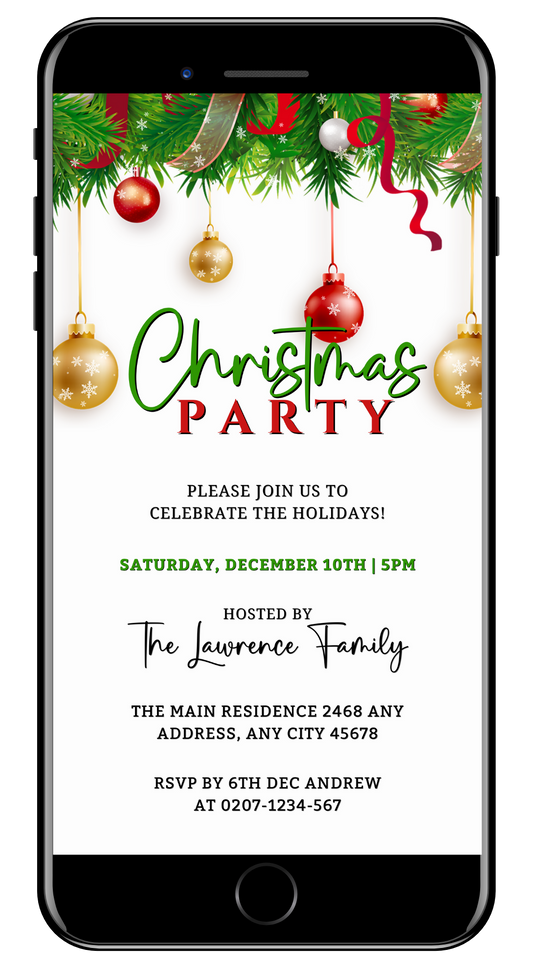 Editable Digital Christmas Party Invitation with white, red, gold, and green ornaments displayed on a smartphone screen, customizable via Canva for easy personalization and electronic sharing.