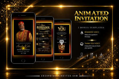 Red Yellow Black Gold Men’s Animated Birthday Invitation Suite With Photo