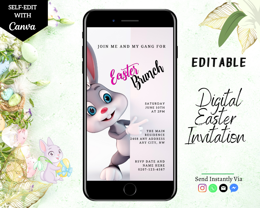 Cell phone displaying Cute Easter Bunny & Friends Easter Evite, a customizable digital invitation template for smartphones.