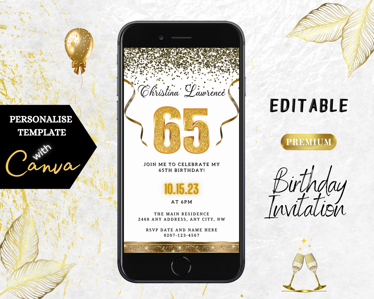 Customizable White Gold Confetti 65th Birthday Evite displayed on a smartphone screen, showcasing editable text and design elements for digital invitations.