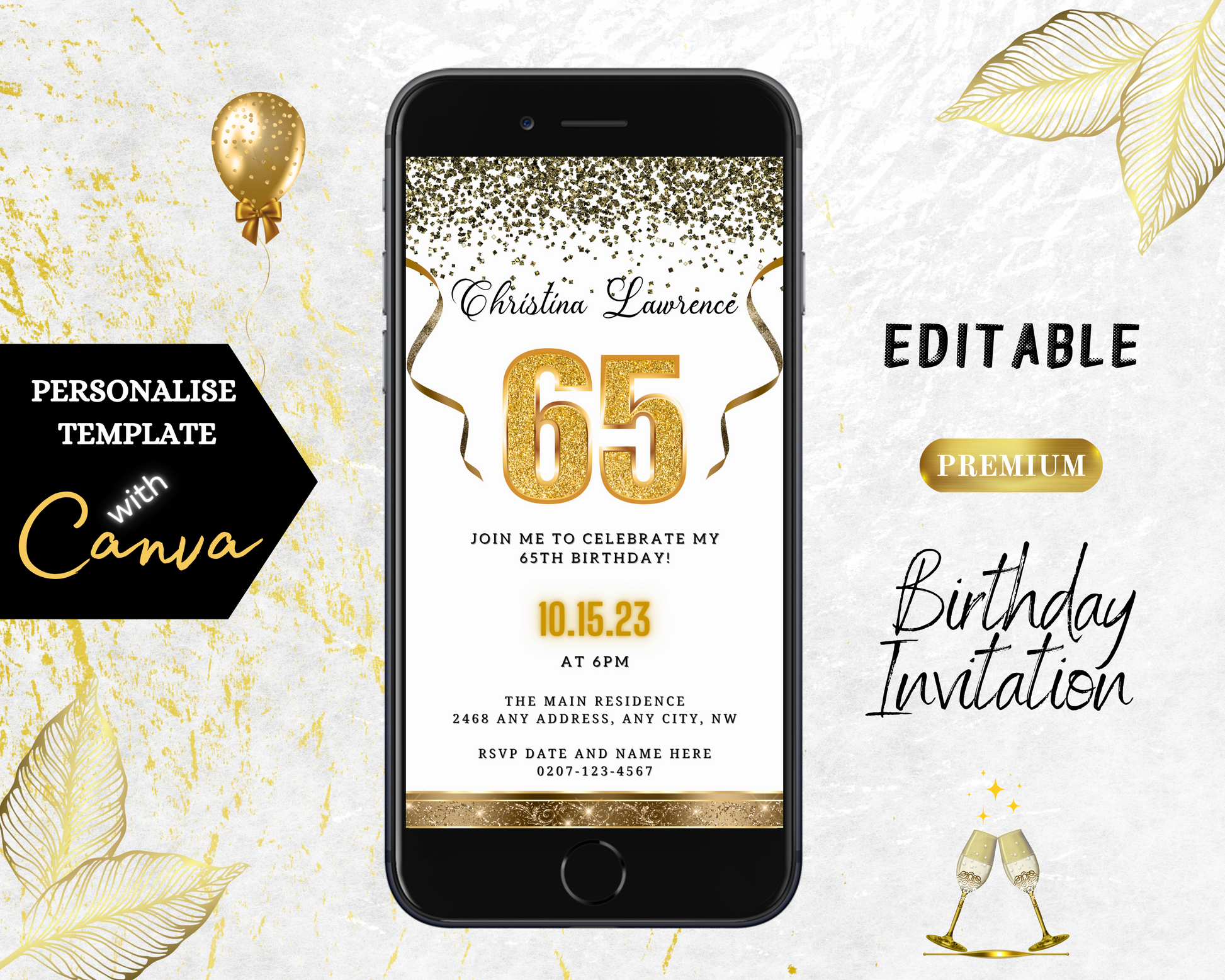 Customizable White Gold Confetti 65th Birthday Evite displayed on a smartphone screen, showcasing editable text and design elements for digital invitations.