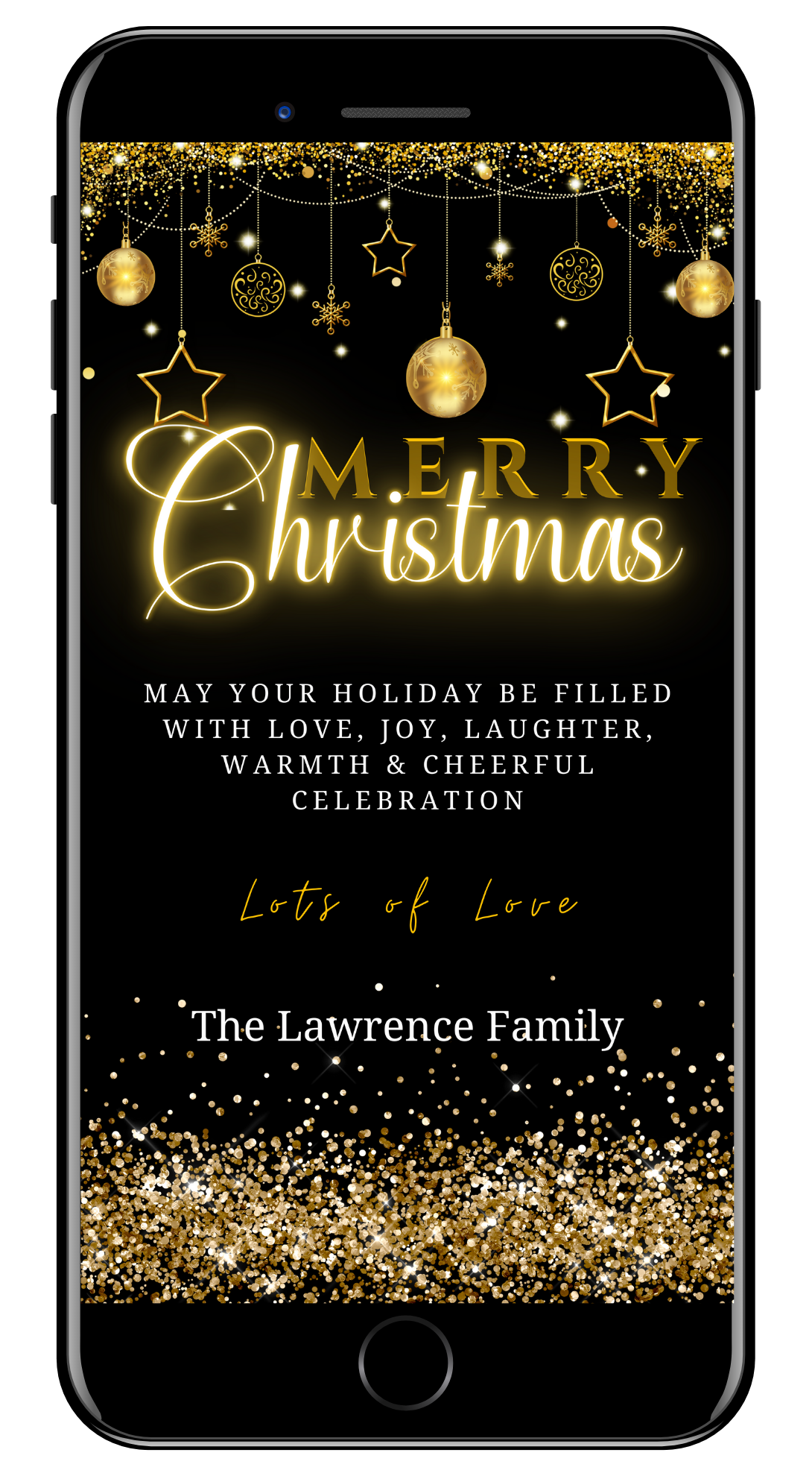 Black Gold Ornaments Glitter Merry Christmas Ecard displayed on a smartphone screen with festive gold text and ornaments. Editable via Canva for personalizing and digital sharing.