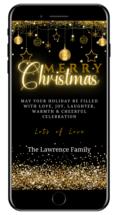 Black Gold Ornaments Glitter Merry Christmas Ecard displayed on a smartphone screen with festive gold text and ornaments. Editable via Canva for personalizing and digital sharing.