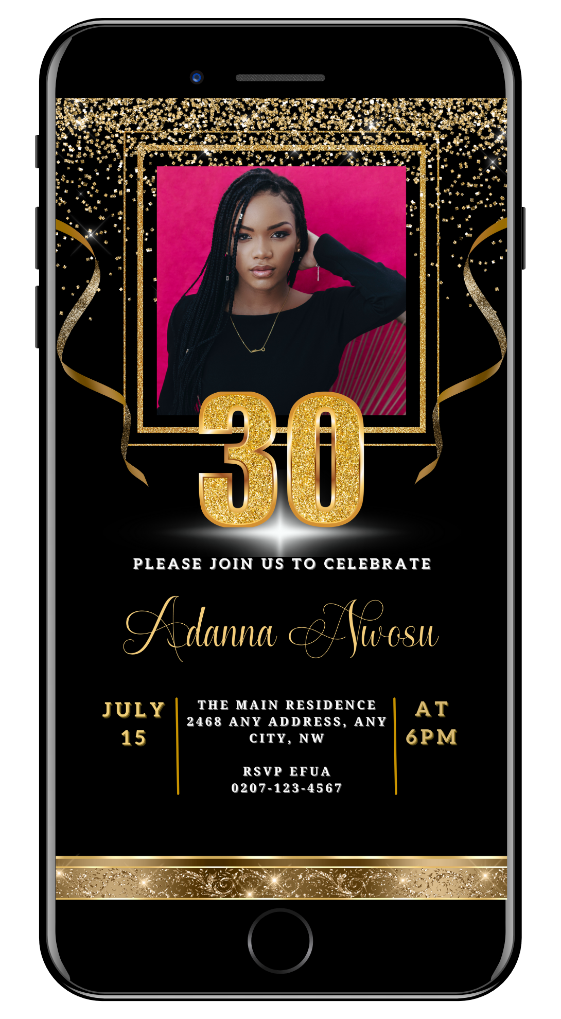 Black Gold Confetti 30th Birthday Evite featuring customizable text and a photo of a woman, designed for easy digital sharing via Canva.