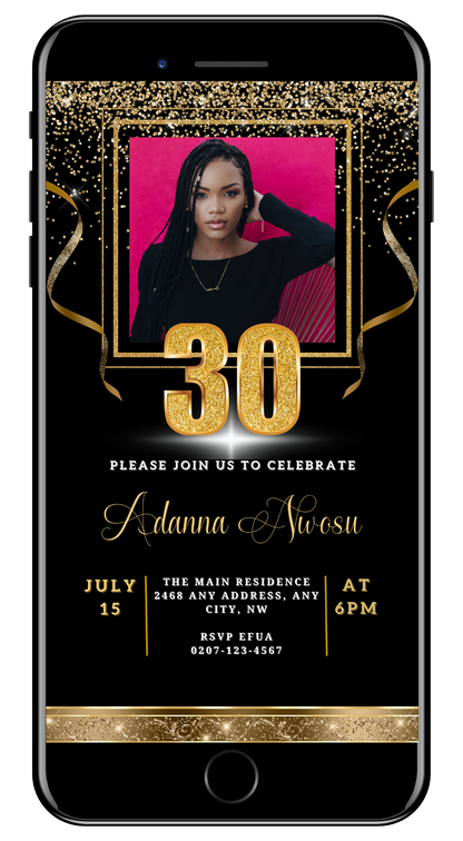 Black Gold Confetti 30th Birthday Evite featuring customizable text and a photo of a woman, designed for easy digital sharing via Canva.