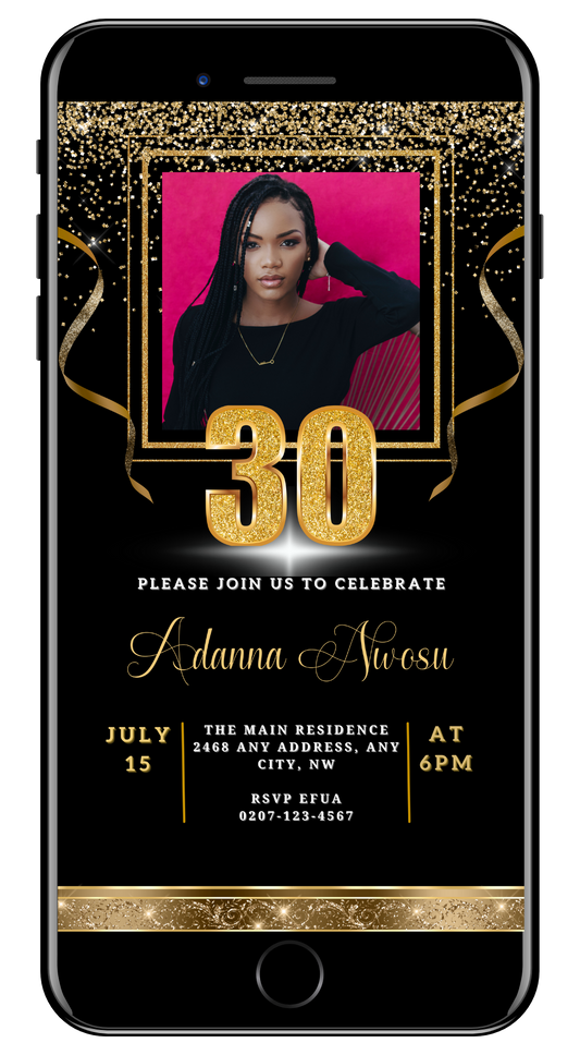 Black Gold Confetti 30th Birthday Evite featuring customizable text and a photo of a woman, designed for easy digital sharing via Canva.