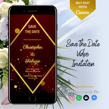 Customizable Burgundy Gold Diamond Save The Date Video Invitation displayed on a smartphone with floral accents, showcasing editable text and design elements for personalizing event details.