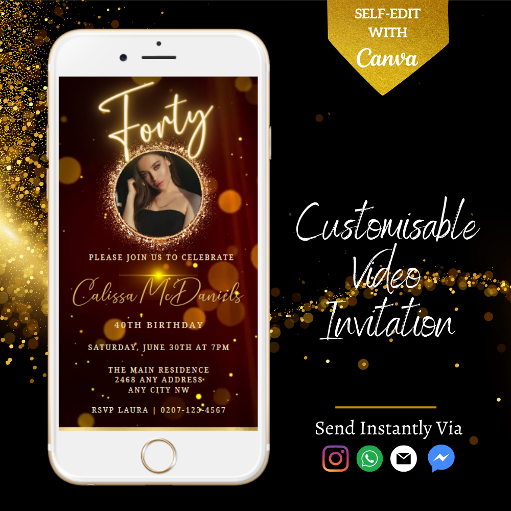 Customisable Maroon Gold Neon 40th Birthday Video Invitation on a white smartphone screen, featuring a woman's photo and editable text.