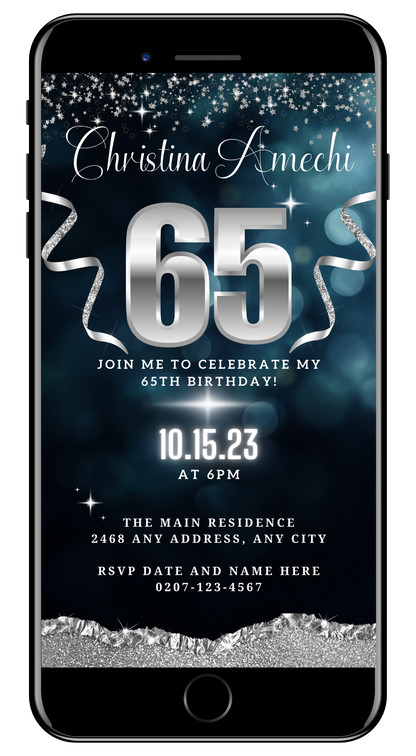 Customizable Digital Navy Blue Silver Glitter 65th Birthday Evite, featuring editable text and graphics, designed for smartphones, easily personalized and shared via electronic messaging.