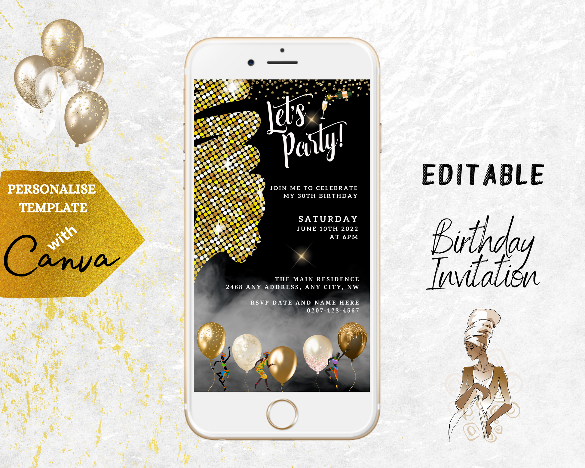 White cell phone displaying gold balloons on screen, showcasing editable Gold Glitter African Woman Silhouette party invitation from URCordiallyInvited.