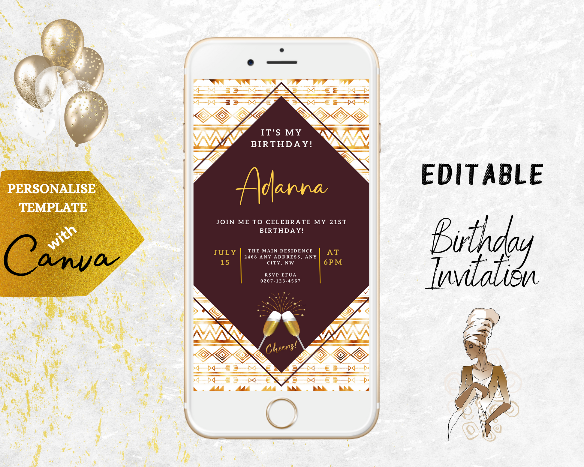 Editable Beige White African Ankara Party Evite displayed on a smartphone, featuring customizable text and design elements for creating personalized digital invitations using Canva.