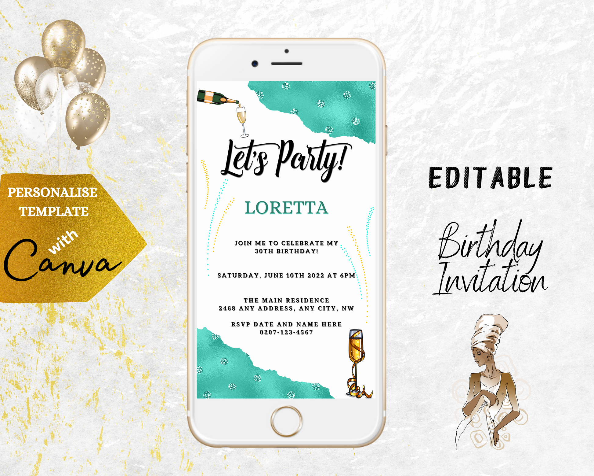 White Teal Diamond Sparkle Customisable Party Evite displayed on a smartphone screen, featuring editable text and colorful confetti, suitable for DIY event invitations via digital platforms.