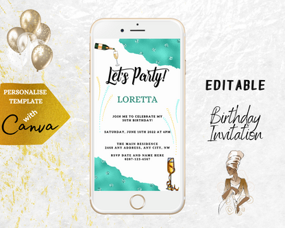 White Teal Diamond Sparkle Customisable Party Evite displayed on a smartphone screen, featuring editable text and colorful confetti, suitable for DIY event invitations via digital platforms.