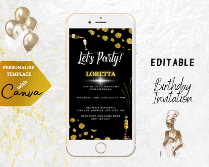 Black Leopard Gold Customisable Party Evite displayed on a white smartphone, ready to be edited and sent digitally via email or messaging apps.