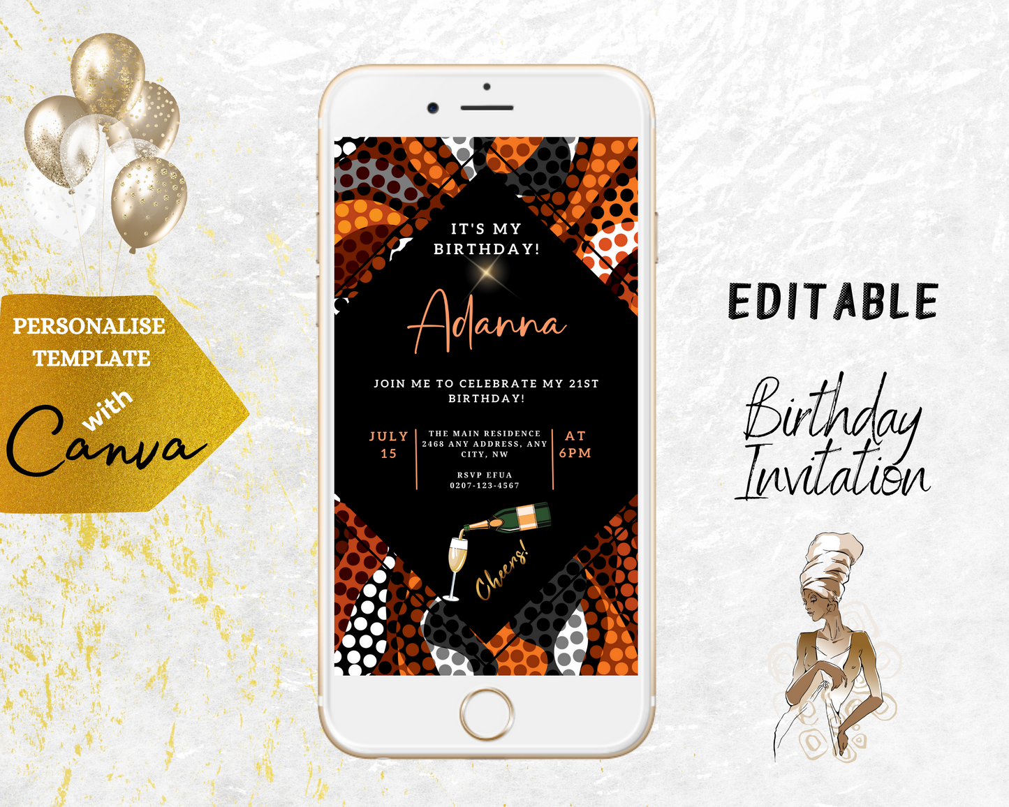 Orange Black African Ankara Editable Party Evite on a smartphone screen, featuring a black diamond and gold design.