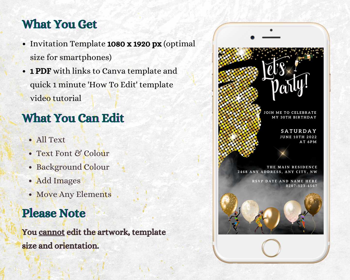 White smartphone displaying an editable digital party invitation with a gold glitter African woman silhouette and balloons, customizable via Canva for events and celebrations.