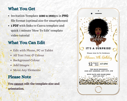 Cellphone displaying Afro Girl Magic Surprise | Editable Party Evite featuring a woman with curly hair, customizable via Canva for digital invitations.