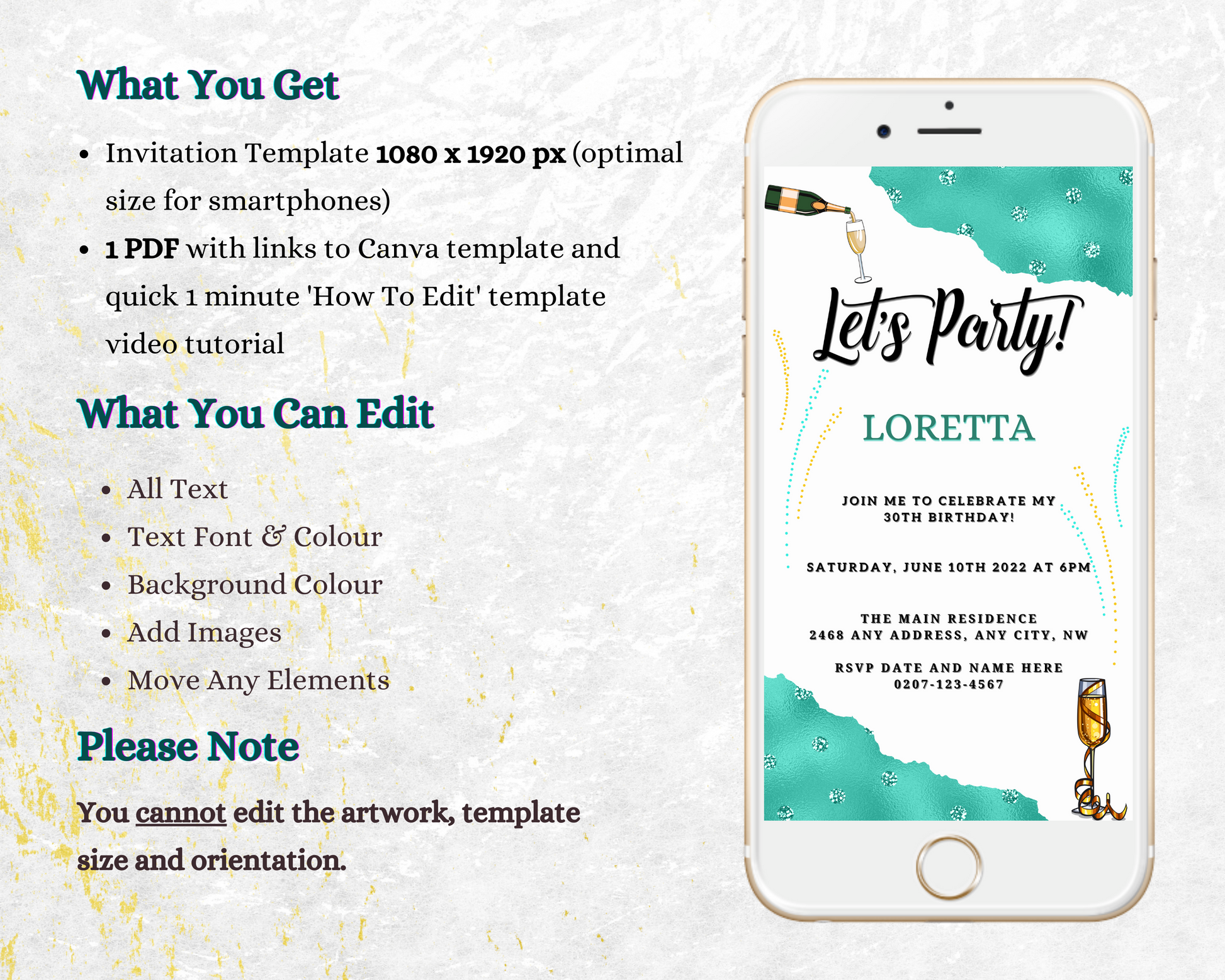 Editable White Teal Diamond Sparkle customisable party evite displayed on a smartphone screen, showcasing sample text and graphics.
