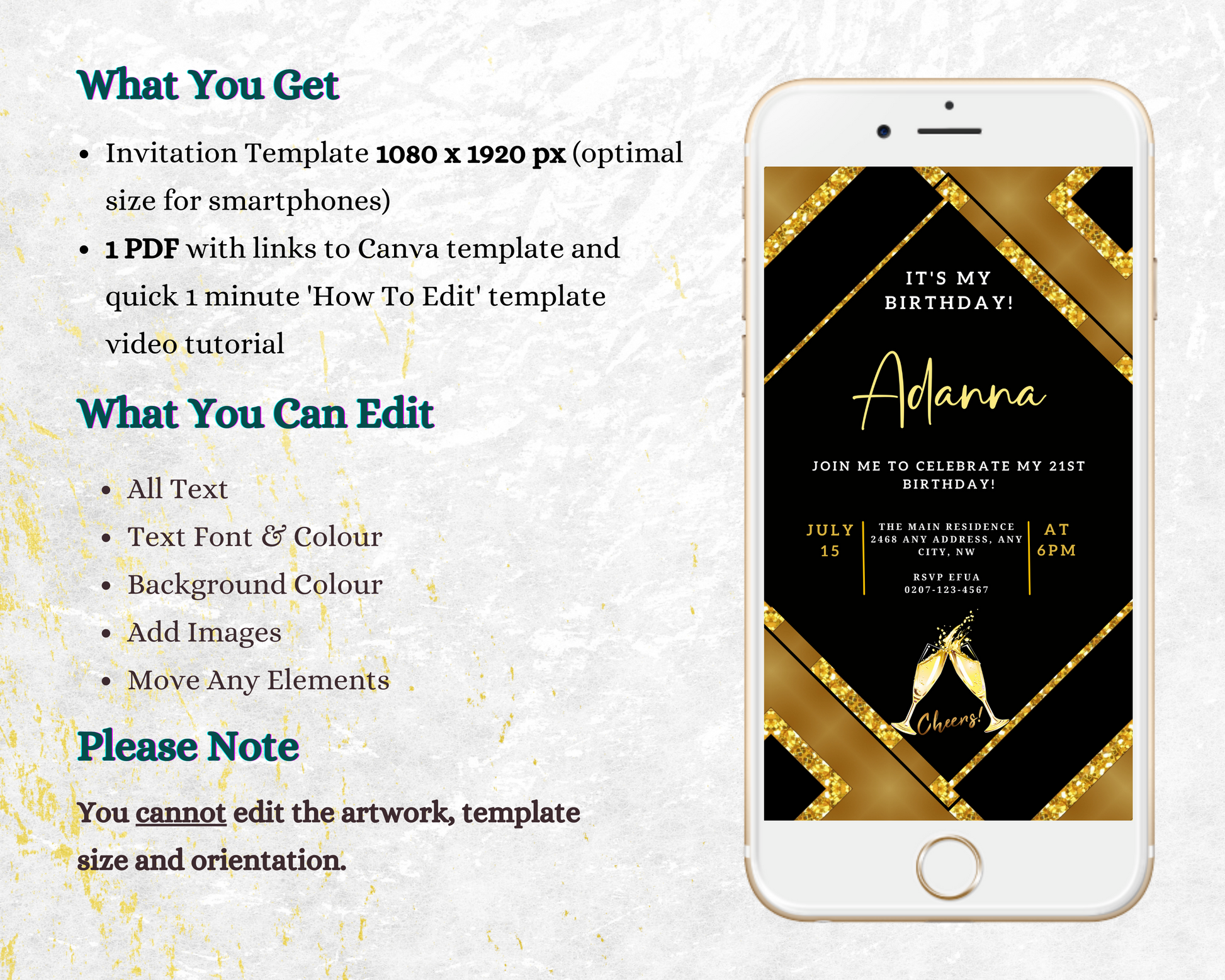 Gold and black glitter champagne-themed editable party evite, customizable via Canva for digital invitations, includes champagne glasses and elegant design elements.